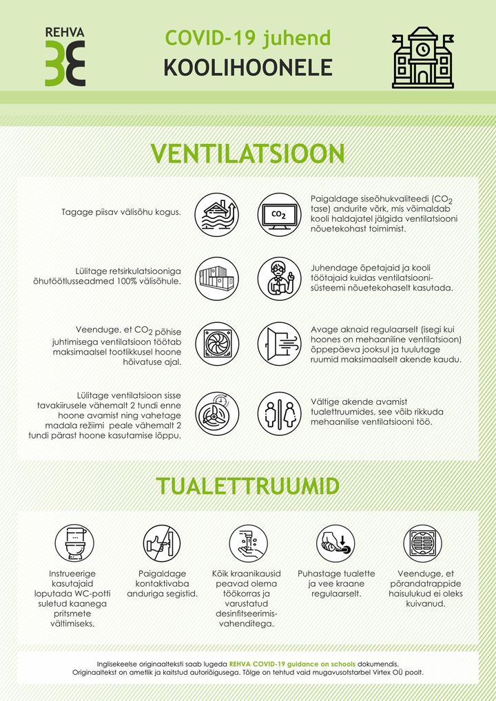 Loe REHVA (Euroopa Kütte, Ventilatsioon, Jahutuse ühingu) soovitusi koolide tehnosüsteemide seadistamiseks COVID-19 leviku